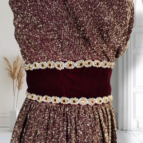 Vintage 70s Lurex Velvet Formal Dress Mock Neck Metallic Boho Holiday 0 - Picture 5 of 16